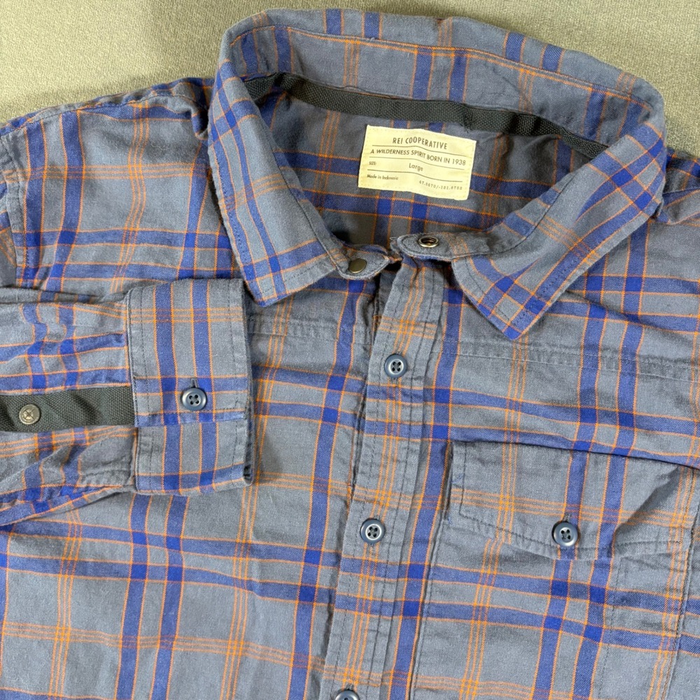 REI Cooperative Plaid Long Sleeve Shirt Blue‎ Large 100% Cotton Casual Outdoor